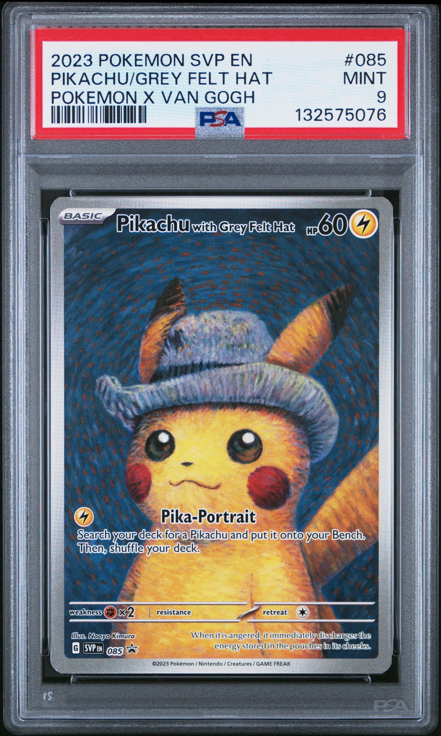 PIKACHU/GREY FELT HAT POKEMON X VAN GOGH 2023 POKEMON SVP EN-SV BLACK STAR PROMO PSA MINT 9
